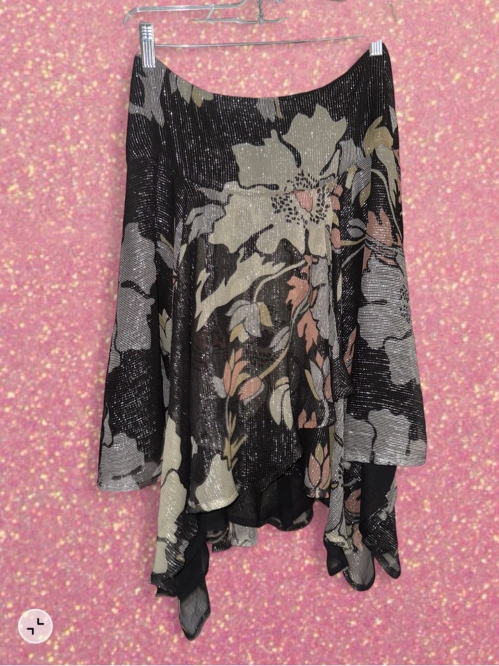 Silk Floral Flowy Black Metallic Accent Handkerchief Hem Top